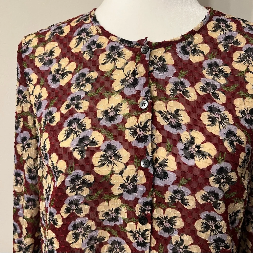 Madewell Drawstring Ruffle-Hem Top in Viola Floral EUC XS Pansy Dusty Burgundy - Picture 11 of 12